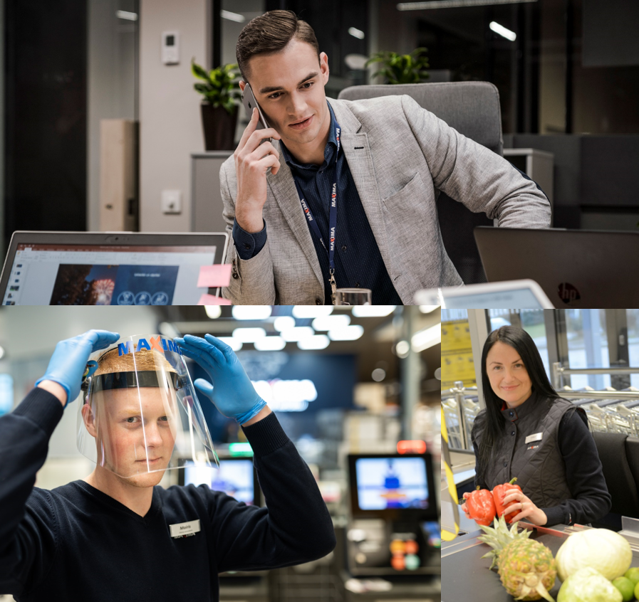 Foto kolāža. Pirmajā fotogrāfijā redzams Īpašās palīdzības komandas pārstāvis, kurš runā pa telefonu. Otrajā fotogrāfijā rezams "Maxima" veikala kasieries gumijas cimdos un ar īpašu aizsargu uz sejas. Bet trešajā fotogrāfija redzama veikala darbiniece, kurai priekšā uz kases lentas ir novietoti augļi un dārzeņi.