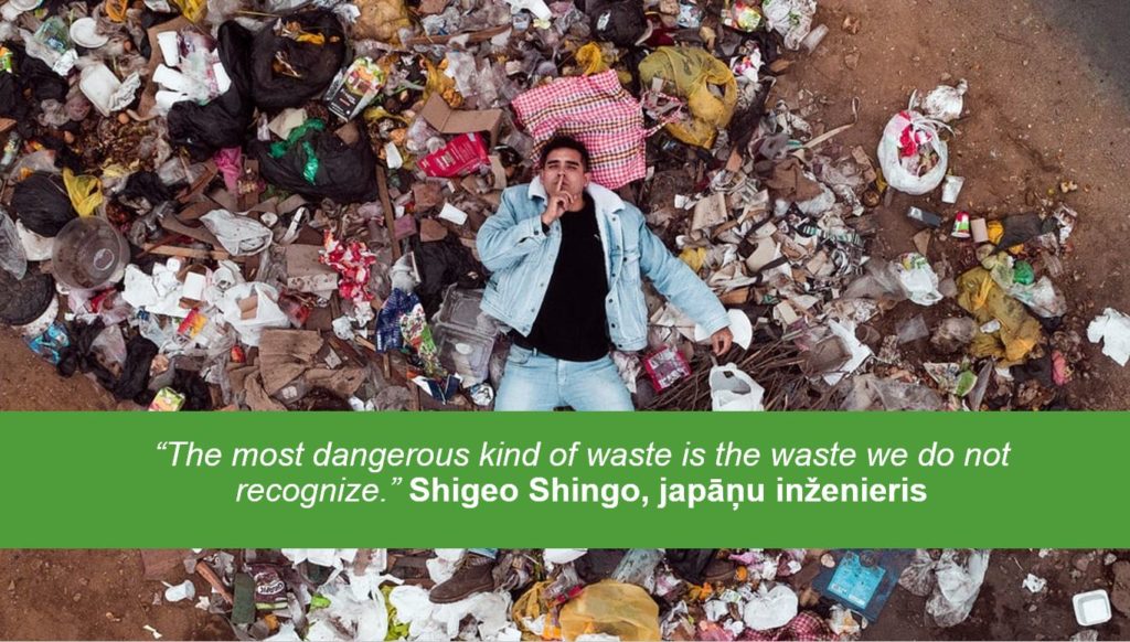 Vīrietis guļ uz aktritumu kaudzes. Attēls papildināts ar japāņu inženiera Shigeo Shingo atziņu: "The most dangerous kind of waste is th waste we do not recognize."