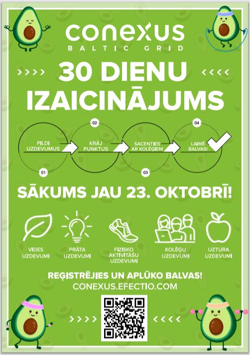 Conxus Baltic Grid 30 dienu izaicinājuma plakāts, kurā iekļauta informācija par to, ka izaicinājums sāksies 23.aprīlī, tajā būs iekļauti vides, prāta, fizisko aktivitāšu, kolēģu un uztura uzdevumi, kā arī informācija par reģistrēšanās iespējām.