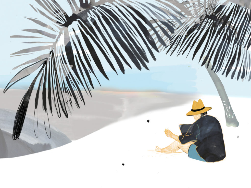 Akvareļu tehnikā veidots zīmējums ar grafikas elementiem. Vīrietis jūras malā sēž pludmales smiltīs zem palmas. Viņš ir ģērbies kā atpūtnieks - šortos, T-kreklā un salmu cepurē. Taču rokās tur datoru. 
