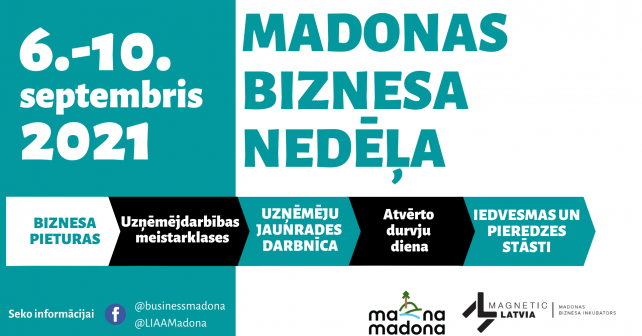 Madonas biznesa nedēļas 2021 reklāmas afiša. Tajā ietverta informācija par pasākuma norises laiku, īss ieskats tā programmā, organizatoru (LIAA Madona biznesa inkubators un Madonas novada pašvaldība) logotipi, kā arī Facebook lapu, kurās pieejama aktuālā informācija par pasākumu, adreses: @businessmadona un @LIAAMadona