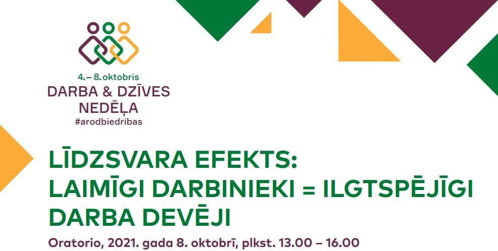 Muzikālās diskusijas "Līdzsvara efekts: laimīgi darbinieki = ilgtspējīgi darba devēji" baneris, kurā ietverts LBAS organizētās Darba un dzīves nedēļas logotips, kā arī informācija par pasākumu - nosaukums, norises vieta un laiks. Logotipu veido trīs savstarpēji savītas grafiskas zīmes, kas simbolizē cilvēkus. Tās ir trīs dažādās krāsās - violetā, zaļā un dzeltenā.