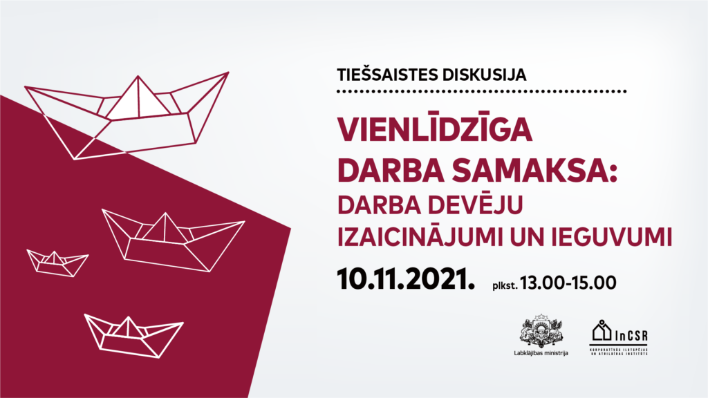 Diskusijas "Vienlīdzīga darba samaksa: darba devēju izaicinājumi un ieguvumi" afiša. Attēla labajā pusē ir informācija par pasākuma norises laiku un organizatoriem, bet kreisajā ir uzzīmēti četri dažāda lieluma no papīra izlocīti kuģi. Tie daļēji izvietoti uz tumši sarkana un gaiši pelēka fona. 