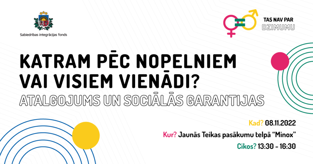 Diskusijas "Katram pēc nopelniem vai visiem vienādi? Atalgojums un sociālās garantijas" afiša, kurā ietverta informācija par pasākuma norises vietu un laiku. Tās galvenais elements ir sieviešu un vīriešu dzimumu raksturojošie simboli, kas ir savienoti ar vienādības zīmi. 