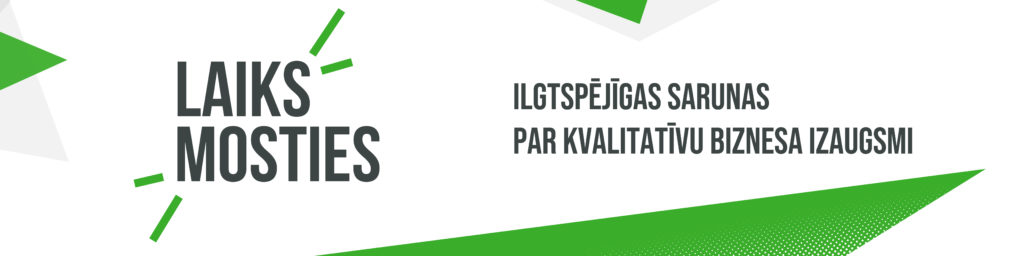 Baneris, ko veido Korporatīvās ilgtspējas un atbildības institūta podkāsta "Laiks mosties" logotips un sauklis "Ilgtspējīgas sarunas par kvalitatīvu biznesa izaugsmi". Attēlu papildina abstrakti trīsstūra formas objekti zaļā un pelēkā krāsā, kas izvietoti izklaidus.