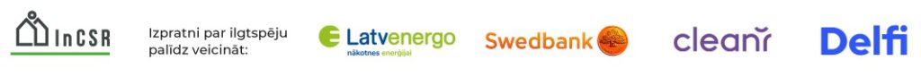Logo josla. Kreisajā pusē - InCSR kā kampaņas organizatora logo. Pa labi no tā ir teksts: "Izpratni par ilgtspēju palīdz veicināt", kuram seko atbalstītāju logo: "Latvenergo", "Swedbank", "Clean R" un "Delfi".