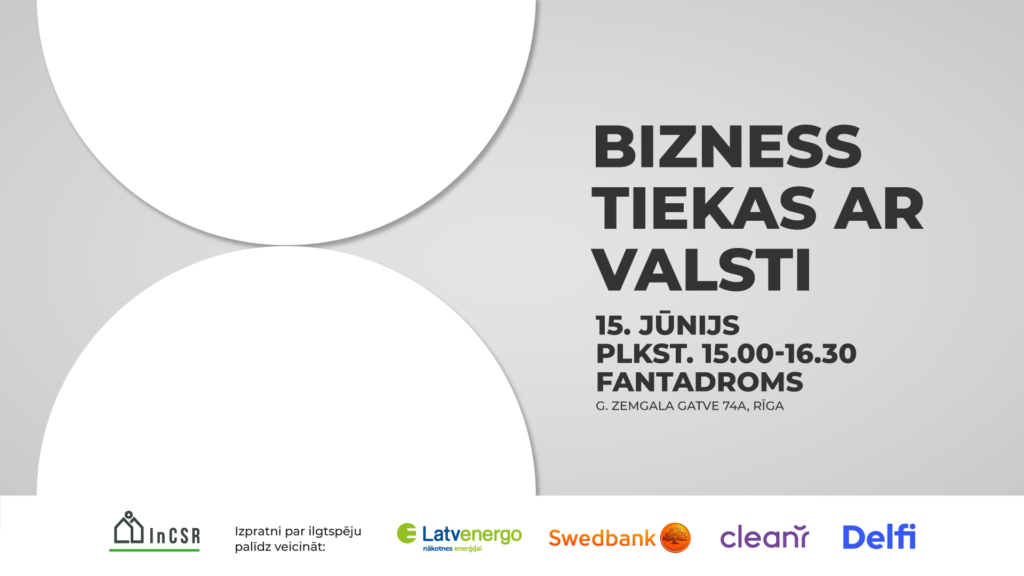 Pasākuma "Bizness tiekas ar valsti 2023" afiša, kurā norādīta informācija par pasākuma norises vietu, laiku, kā arī organizatoriem. To papildina divi balti pusapļi uz pelēka fona. Tie savienoti veidā, kas atgādina smilšu pulksteni. 