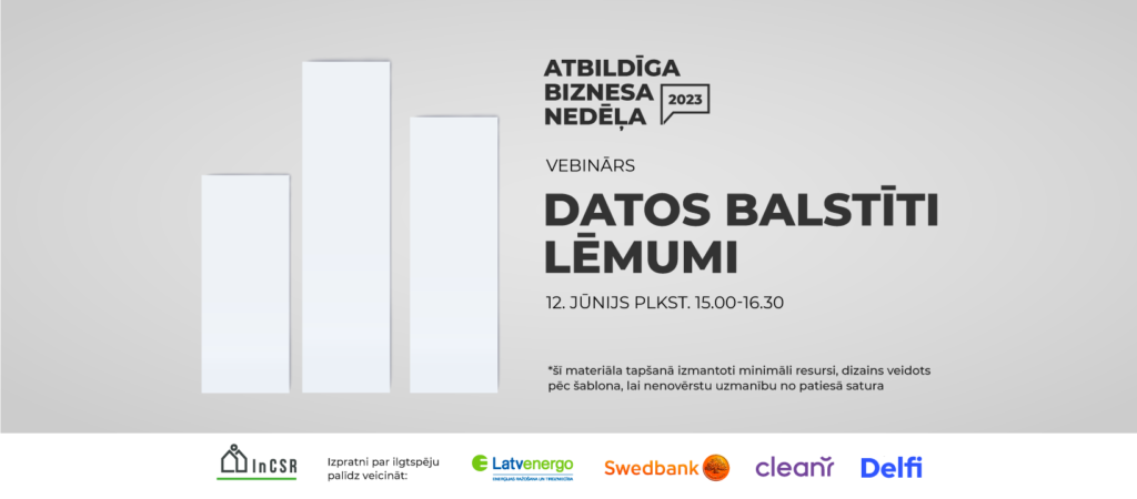 Vebināra "Datos balstīti lēmumi" afiša, kurā norādīta informācija par pasākuma norises vietu, laiku, organizatoru un atbalstītājiem. To papildina trīs balti dažādu garumu grafika stabiņi uz pelēka fona. Tāpat attēlā iekļauts teksts, ka šī materiāla tapšanā izmantoti minimāli resursi, dizains veidots pēc šablona, lai nenovērstu uzmanību no patiesā satura.