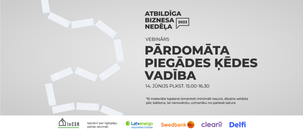 Vebināra "Pārdomāta piegādes ķēdes vadība" afiša, kurā norādīta informācija par pasākuma norises vietu, laiku, organizatoru un atbalstītājiem. To papildina no baltām papīra loksnēm uz pelēka fona veidota līkne, kas atgādina ķēdi. Tāpat attēlā iekļauts teksts, ka šī materiāla tapšanā izmantoti minimāli resursi, dizains veidots pēc šablona, lai nenovērstu uzmanību no patiesā satura.