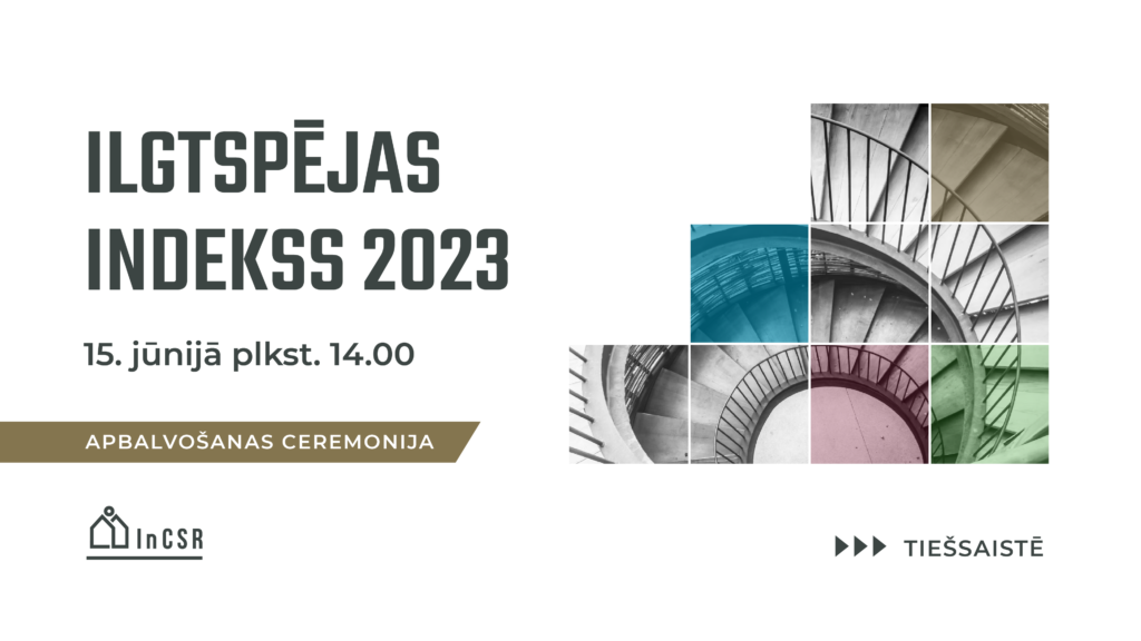 Afiša, kas vēsta par Ilgtspējas indeksa 2023 apbalvošanas ceremonijas norises vietu (tiešsaiste) un laiku. To papildina vītņveida trepju attēls, kas sadalīts deviņos kvadrātos. Četri no šiem kvadrātiem ir ietonēti atšķirīgās krāsās - zilā, zaļā, rozā un brūnā.