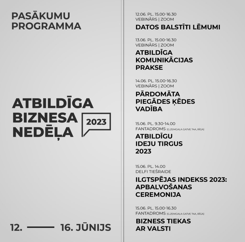 Pelēka lapa sadalīta divās daļās. Kreisajā pusē ir informācija par Atbildīga biznesa nedēļas 2023 norises laiku, bet labajā - tās pasākumu programma, kas ietver informāciju par plānotajiem pasākumiem, to norises vietu un laiku.